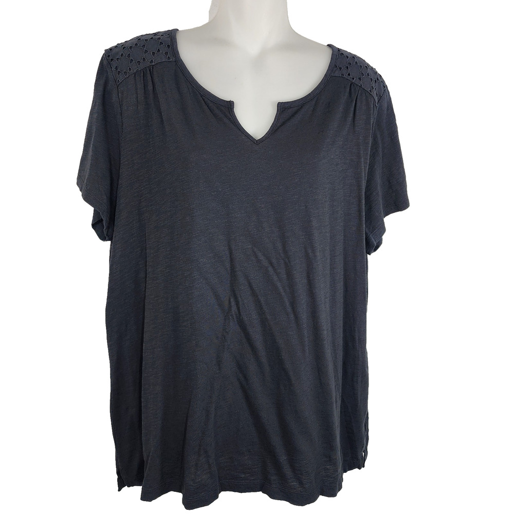 L.L. Bean Women Top XL Reg Slub Knit Eyelet Lace Yoke Short Sleeve V Neck Cotton